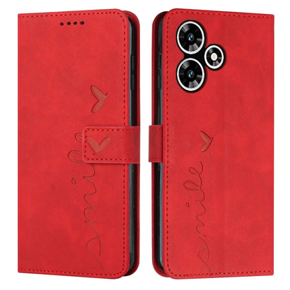 Red leather flip phone case with heart pattern and camera cutouts