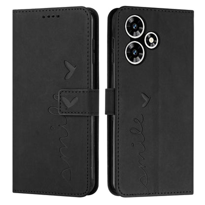 Black leather flip phone case with heart pattern and camera cutouts