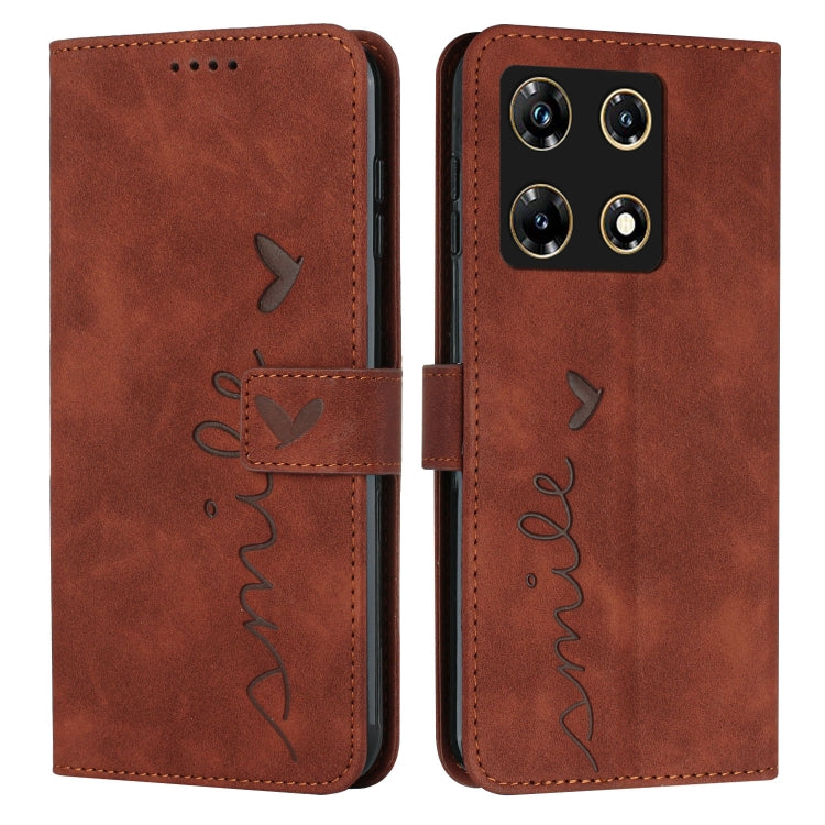 Brown faux leather flip phone case with heart pattern, stitched edges, and camera cutout
