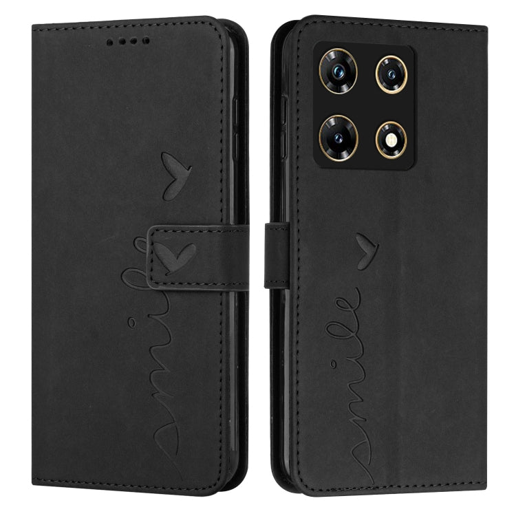Black faux leather flip phone case with heart pattern, stitched edges, and camera cutout