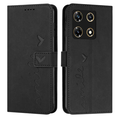 Black faux leather flip phone case with heart pattern, stitched edges, and camera cutout