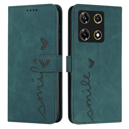 Teal faux leather flip phone case with heart pattern, stitched edges, and camera cutout