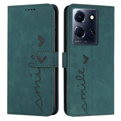 Green leather wallet phone case with heart pattern and flip cover.