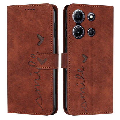 Brown leather wallet phone case with heart pattern and flip cover, camera cutouts.