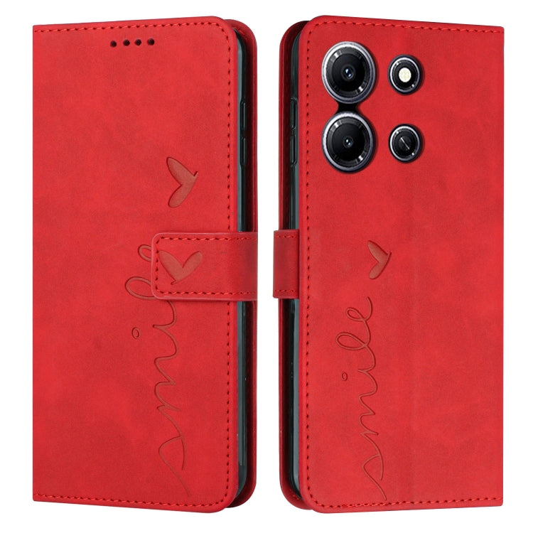 Red leather wallet phone case with heart pattern and flip cover, camera cutouts.