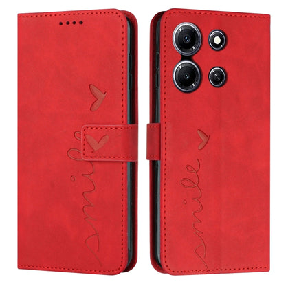 Red leather wallet phone case with heart pattern and flip cover, camera cutouts.