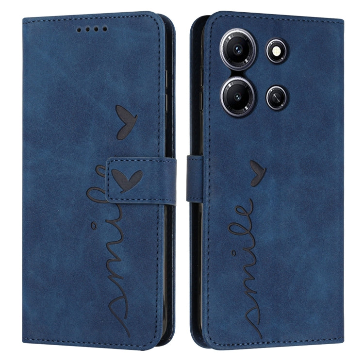 Blue leather wallet phone case with heart pattern and flip cover, camera cutouts.