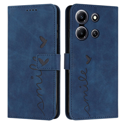 Blue leather wallet phone case with heart pattern and flip cover, camera cutouts.