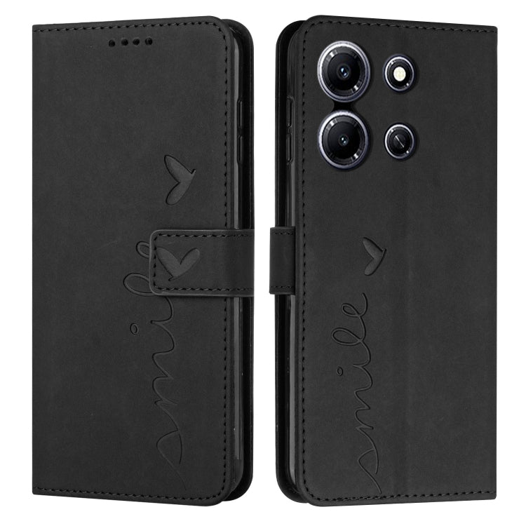 Black leather wallet phone case with heart pattern and flip cover, camera cutouts.