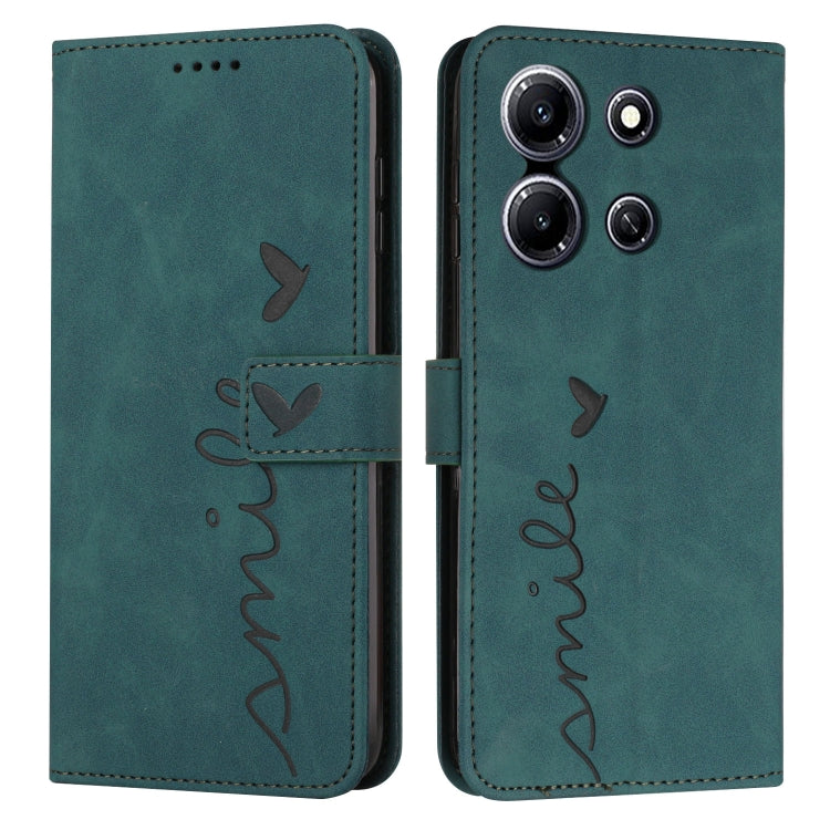 Green leather wallet phone case with heart pattern and flip cover, camera cutouts.