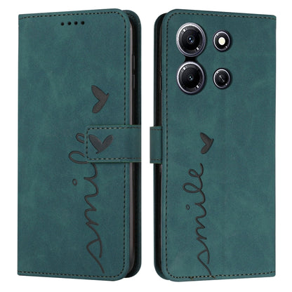 Green leather wallet phone case with heart pattern and flip cover, camera cutouts.