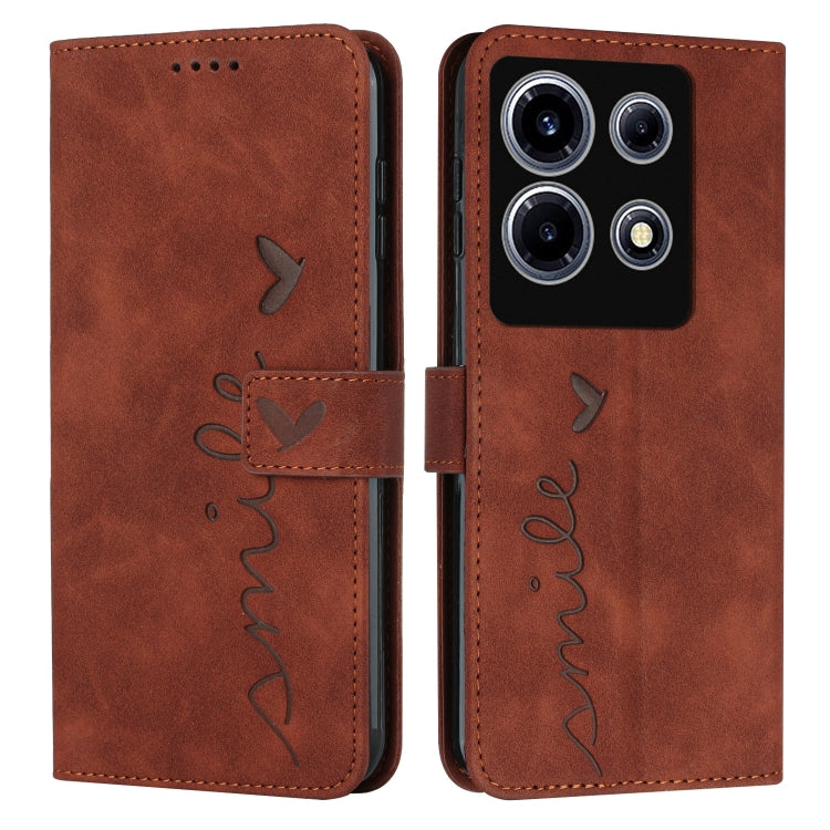 Brown faux leather flip phone case with heart pattern and circular camera cutouts