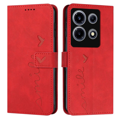 Red faux leather flip phone case with heart pattern and circular camera cutouts