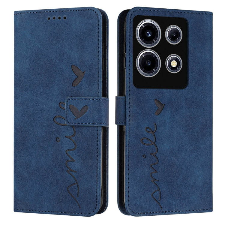 Blue leather flip phone case with heart pattern stitching and camera cutout