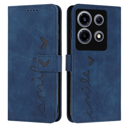 Blue leather flip phone case with heart pattern stitching and camera cutout