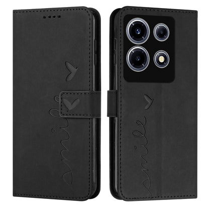 Dark gray leather flip phone case with heart pattern stitching and camera cutout
