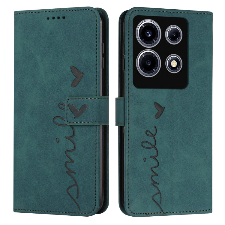 Teal leather flip phone case with heart pattern stitching and lens openings