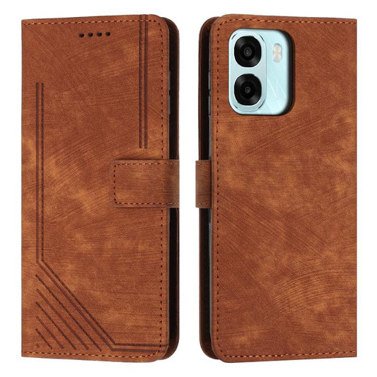 Brown leather wallet phone case with stripe pattern, flip cover, and cutout for camera