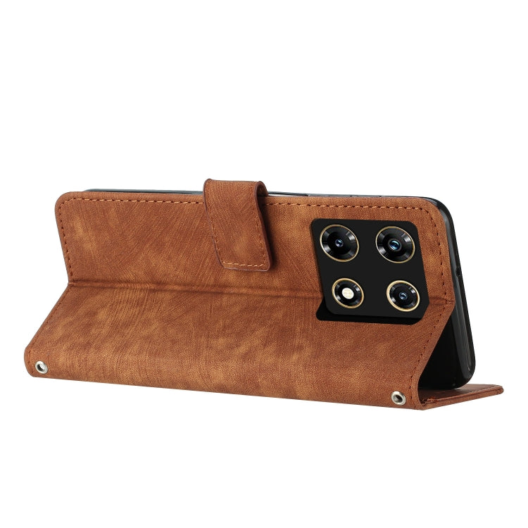 Brown leather stripe-pattern phone case with stand flap and cutout for camera