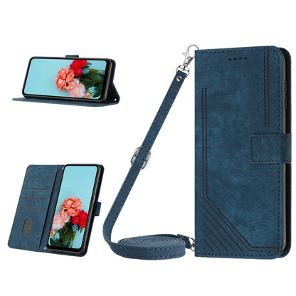 Blue leather stripe-pattern phone case with lanyard strap and magnetic front flap