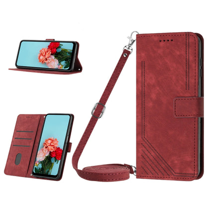 Red leather wallet phone case with lanyard strap and stripe texture, card slots inside