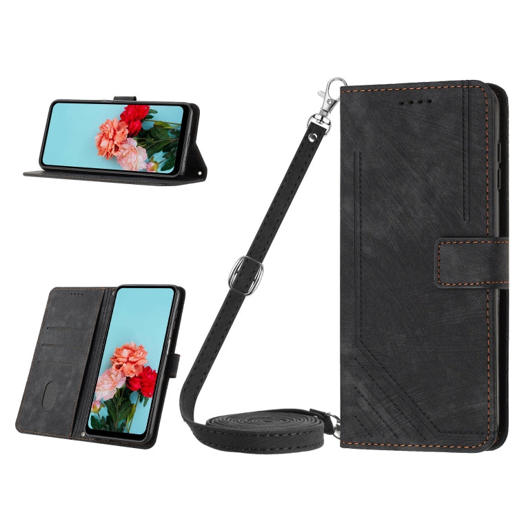 Stripe-pattern leather phone case with lanyard strap, wallet folio and stand, black