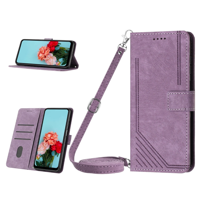 Stripe-pattern leather phone case with lanyard strap, wallet folio and stand, purple