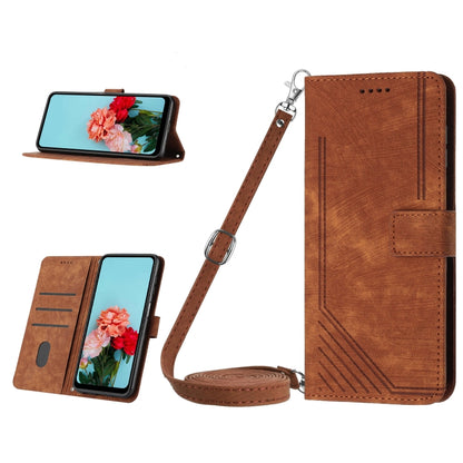 Brown leather phone case with lanyard strap and stripe texture, wallet-style flip cover