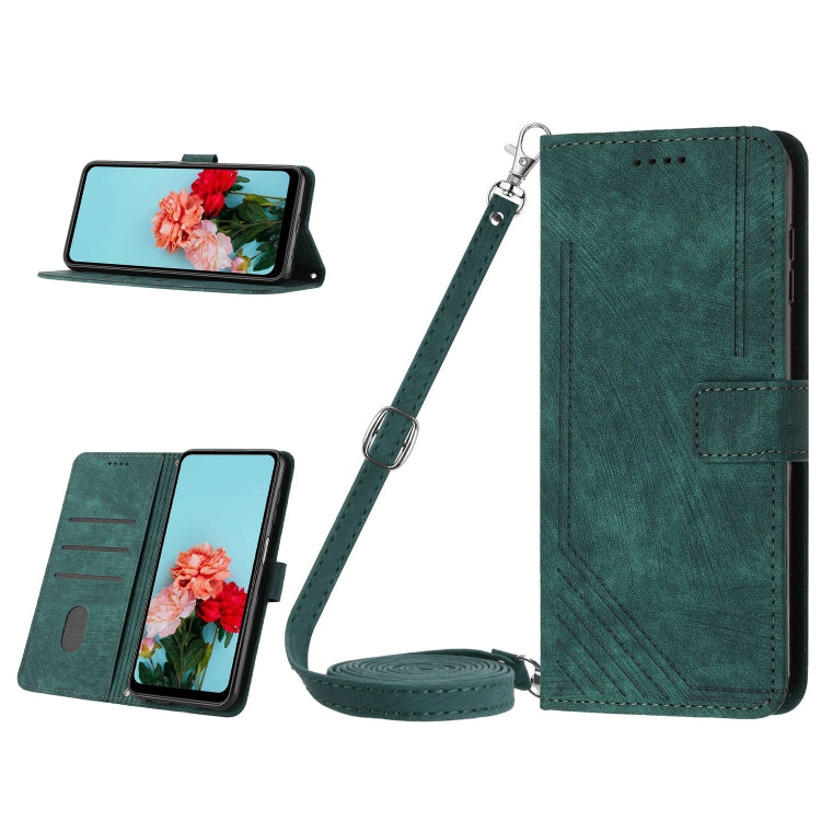 Green leather phone case with lanyard strap and stripe texture, wallet-style flip cover