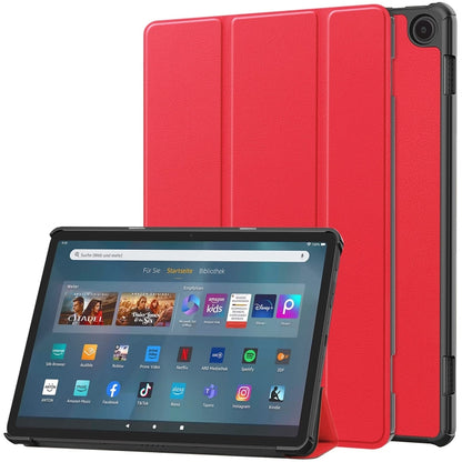 Red 3-fold smart tablet case with front cover and tablet shown in landscape