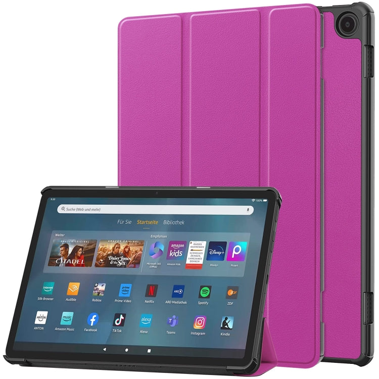 Purple 3-fold smart tablet case with front cover and tablet shown in landscape
