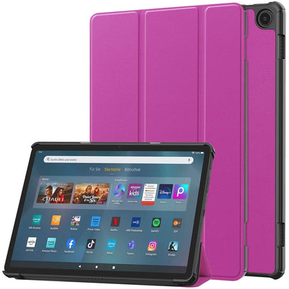 Purple 3-fold smart tablet case with front cover and tablet shown in landscape