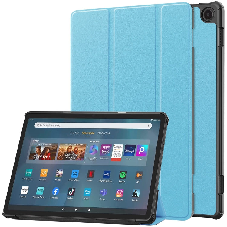 Light blue 3-fold smart tablet case with front cover and tablet shown in landscape