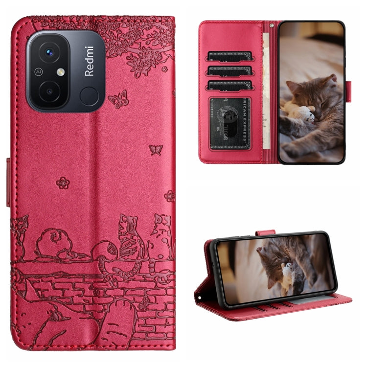 Cat embossing leather phone case with lanyard, card slots and stand, red