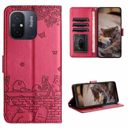 Cat embossing leather phone case with lanyard, card slots and stand, red