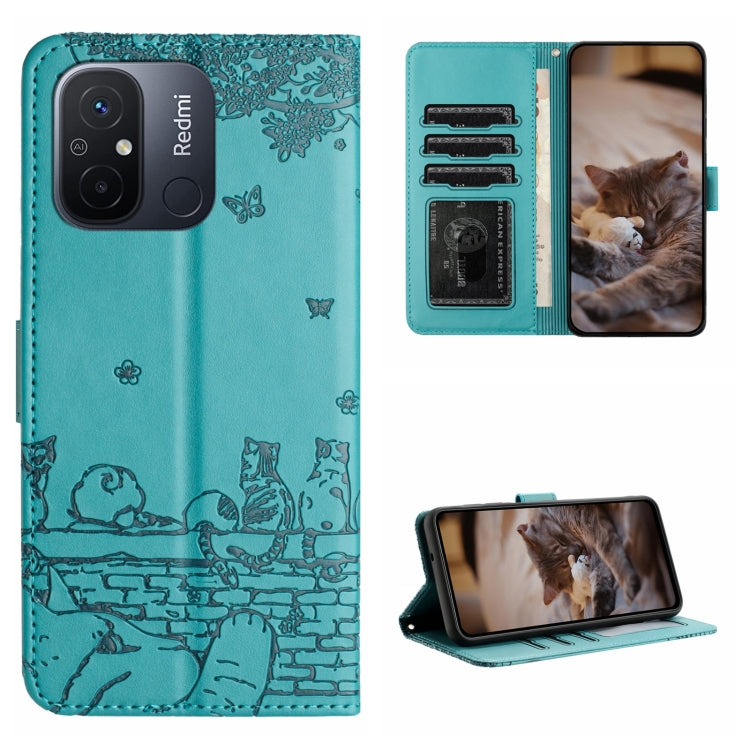 Cat embossing leather phone case with lanyard, card slots and stand, teal blue