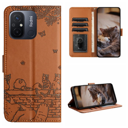 Cat embossing leather phone case with lanyard, card slots and stand, brown