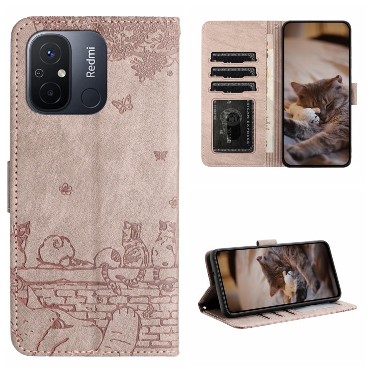 Cat embossing leather phone case with lanyard, card slots and stand, beige