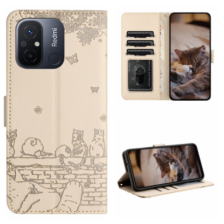Cat embossing leather phone case with lanyard, card slots and stand, beige