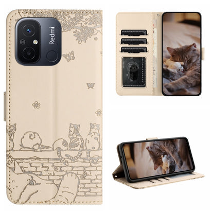 Cat embossing leather phone case with lanyard, card slots and stand, beige