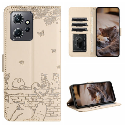 Cat-embossed leather phone case with lanyard, light beige, folio wallet with card slots
