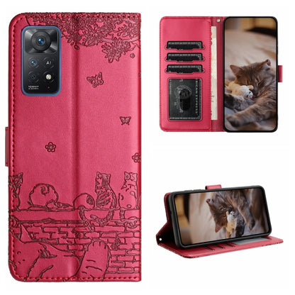 Cat embossing leather phone case with lanyard, card slots and stand, red