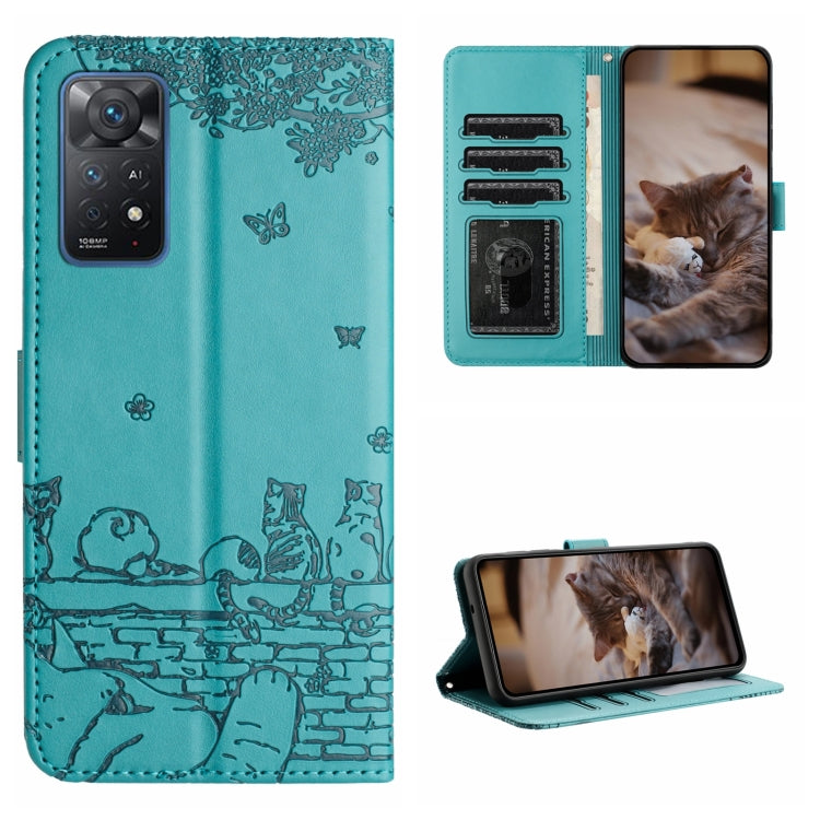 Cat embossing leather phone case with lanyard, card slots and stand, teal blue