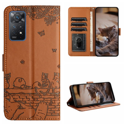 Cat embossing leather phone case with lanyard, card slots and stand, brown