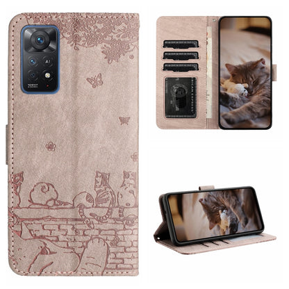 Cat-embossed leather phone case with lanyard, beige with butterfly and cat pattern