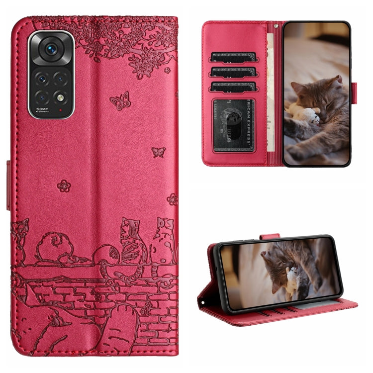 Cat-embossed leather phone case with lanyard, red with cat and brick wall pattern