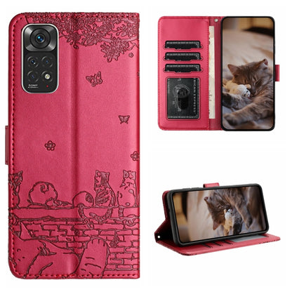 Cat-embossed leather phone case with lanyard, red with cat and brick wall pattern