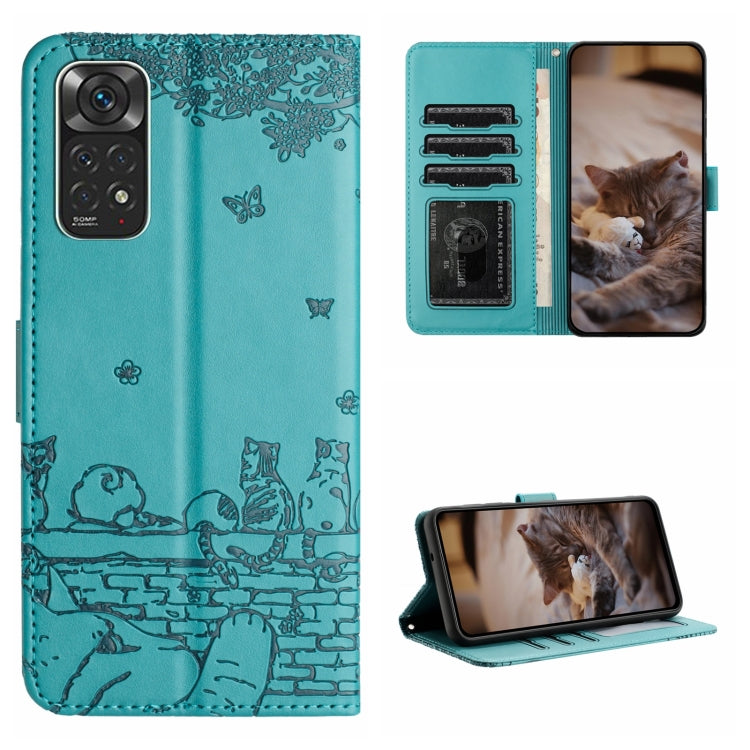 Cat-embossed leather phone case with lanyard, teal with cat and butterfly pattern