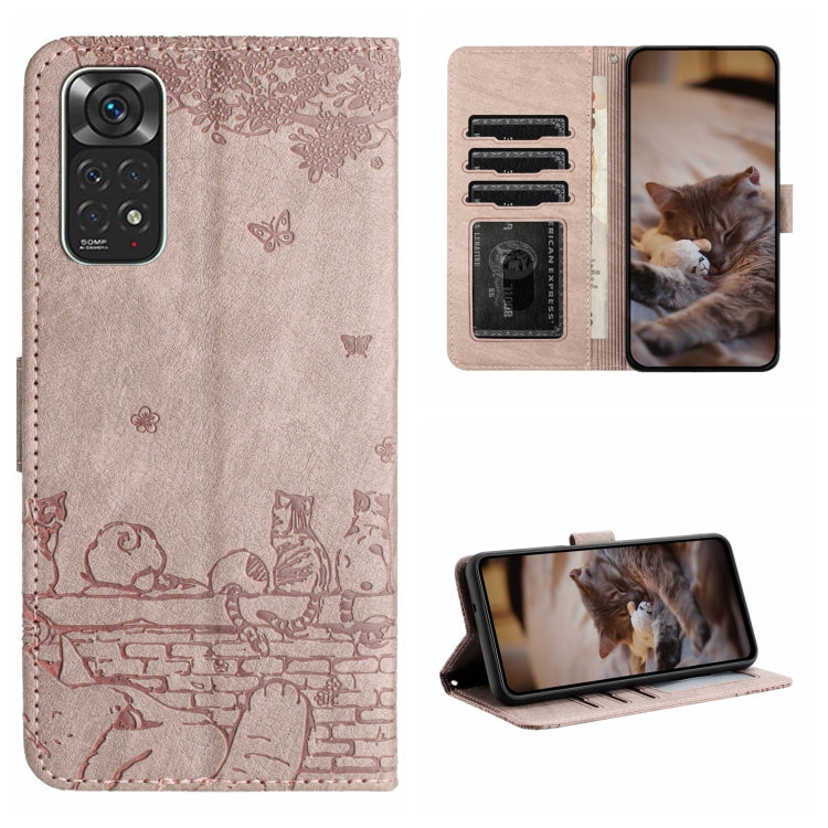 Cat-embossed leather phone case with lanyard, beige with cat and butterfly pattern