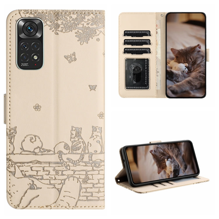 Cat-embossed leather phone case with lanyard, cream with cat and brick wall pattern